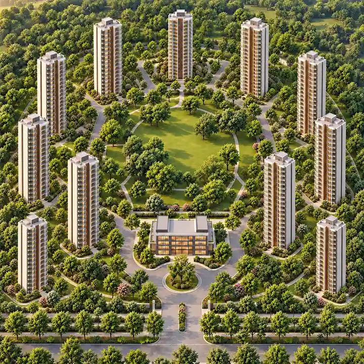 Aparna Sarjapur Road aerial view of apartment blocks around landscaped ground with a club house, artist's impression