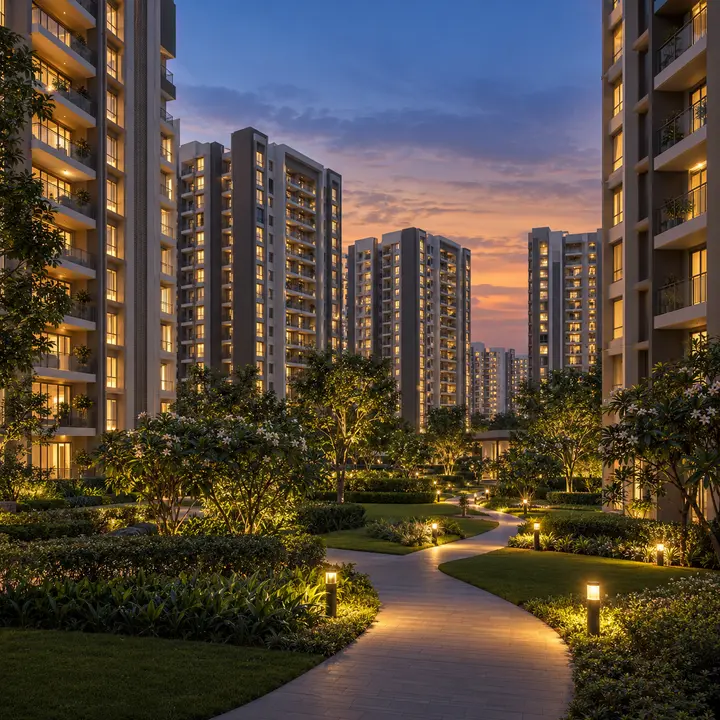 Aparna Sarjapur Road community at dusk with lit windows and path lights, artist's impression