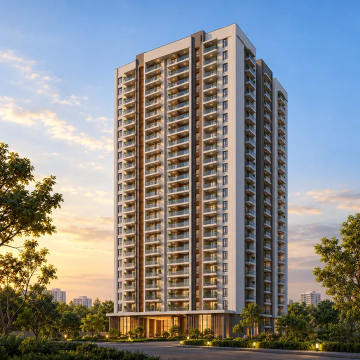 Aparna Sarjapur Road apartment block with balconies seen from the ground, artist's impression
